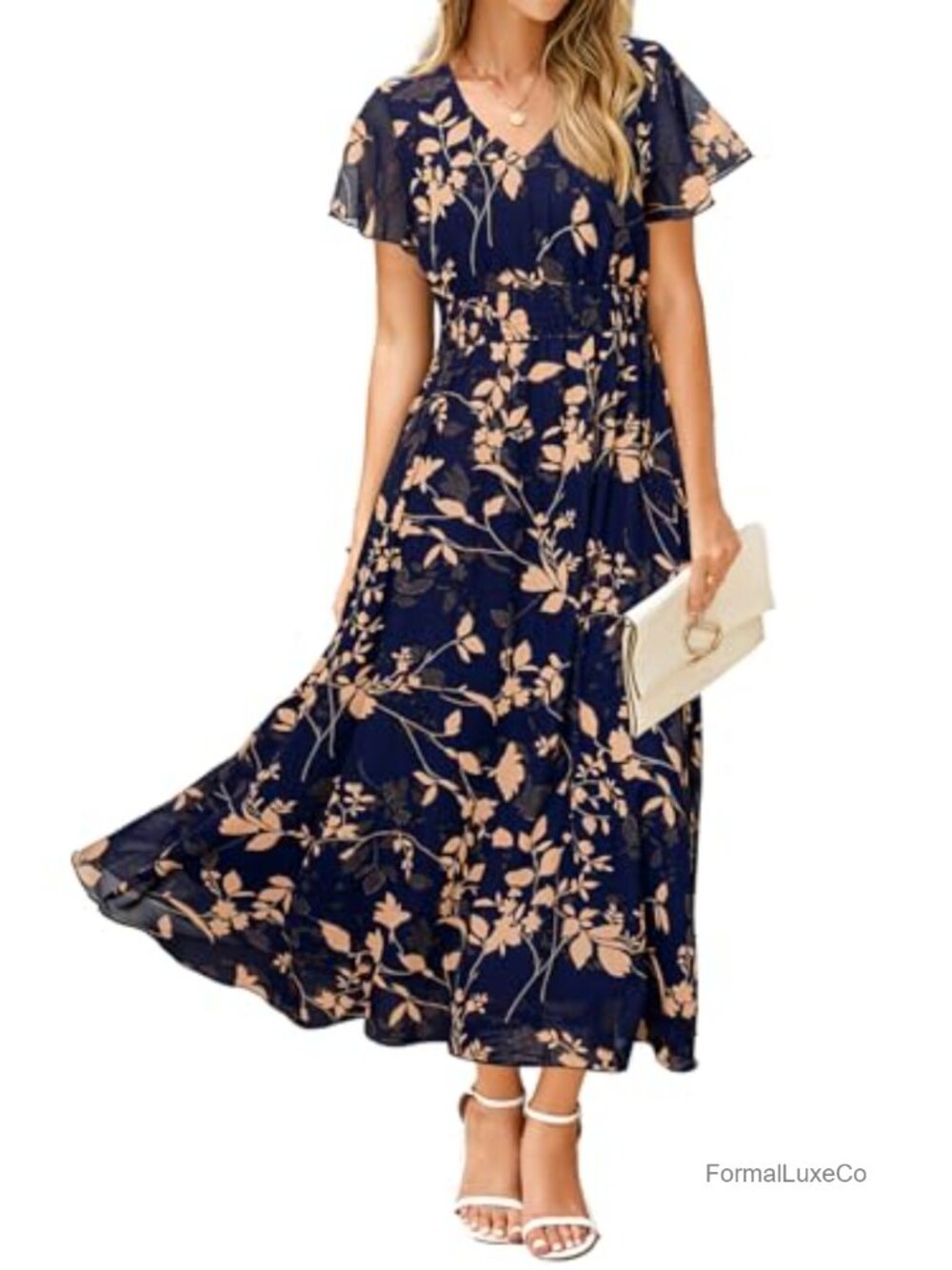 Simplee Floral Maxi Dress Short Sleeve V-Neck Smocked Boho Summer Beach